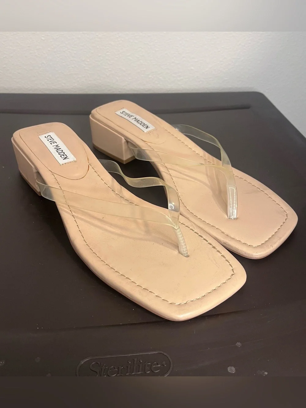 Steve Madden Nude Clear-Strap Small Block Heel Sandals 9.5